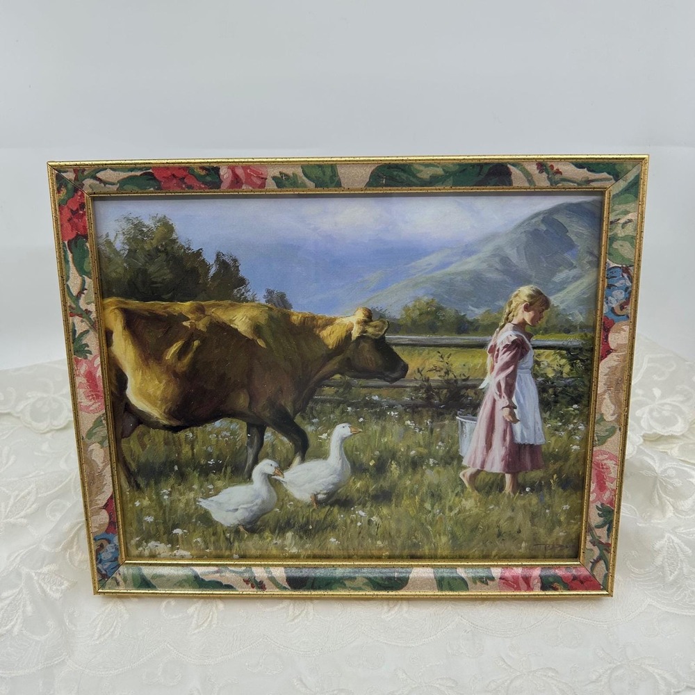 Vintage 80s Cow Farm Prairie Artwork Pair Floral Gold Framed Cottagecore Prints - Picture 4 of 14